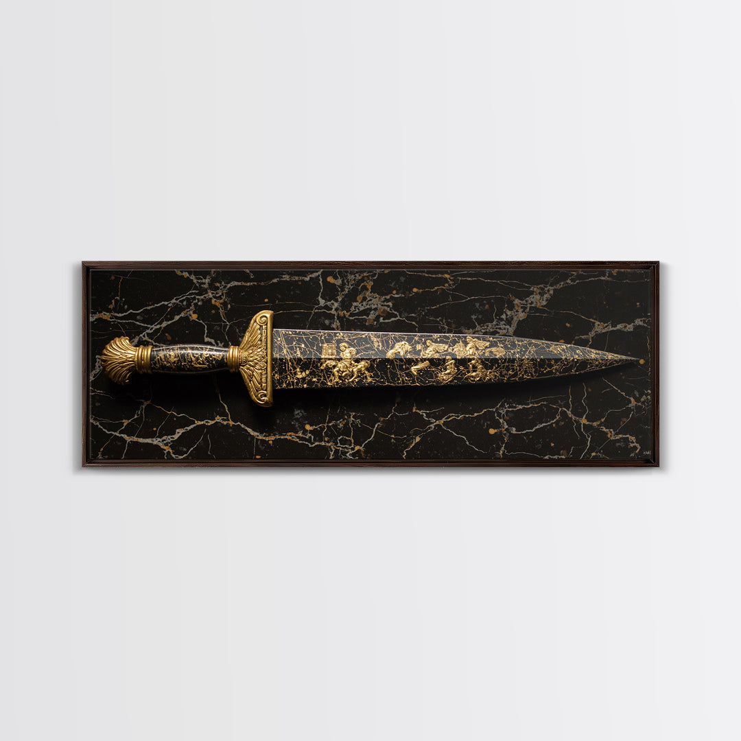 Ancient Greek Sword Engraved With Mythology, Decorative Heroic Weapon Artwork, Gold Canvas Print, Real Wood Frame