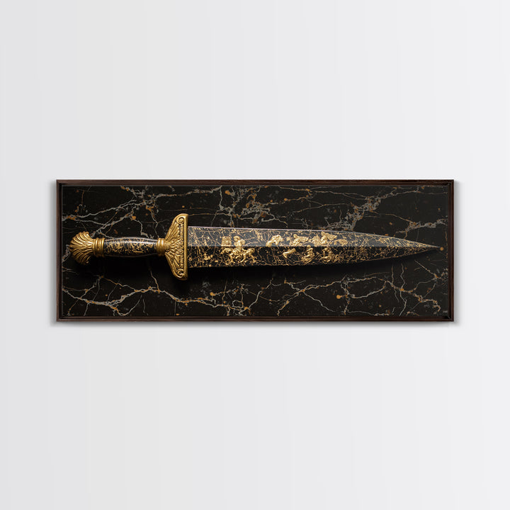 Ancient Greek Sword Engraved With Mythology, Decorative Heroic Weapon Artwork, Gold Canvas Print, Real Wood Frame