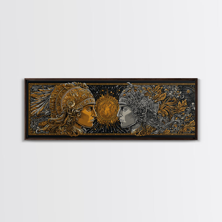 Warrior Gods Face To Face, Ancient Mythological Helmet Artwork, Gold Canvas Print, Real Wood Frame Wall Art