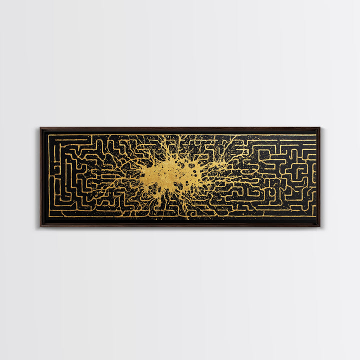 Intricate Labyrinth Pattern Artwork, Mythological Maze Wall Decor, Gold Canvas Print, Real Wood Frame