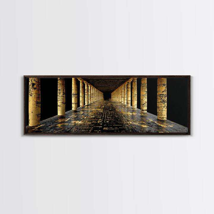 Endless Golden Pillars Corridor, Ancient Greek Architecture Gold Canvas Print, Mythology Wall Art, Real Wood Frame