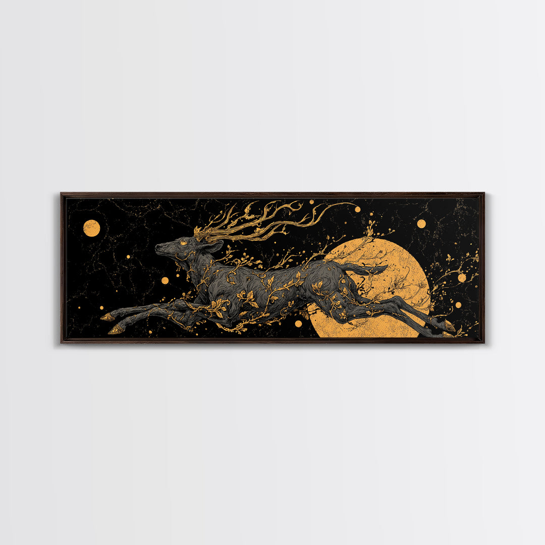 Mythical Stag Running Through Stars, Celestial Deer Artwork, Gold Canvas Print, Real Wood Frame Mythology Art