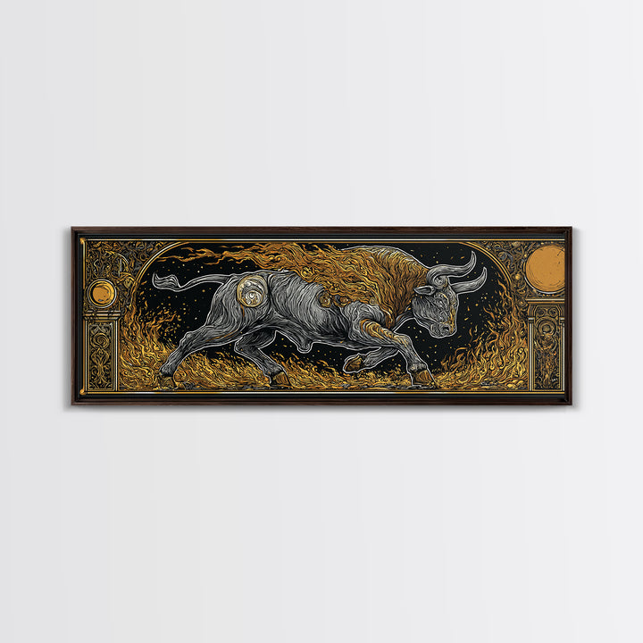 Fiery Bull Of Mythology, Charging Beast Symbol Of Strength, Gold Canvas Print, Real Wood Frame Wall Artwork
