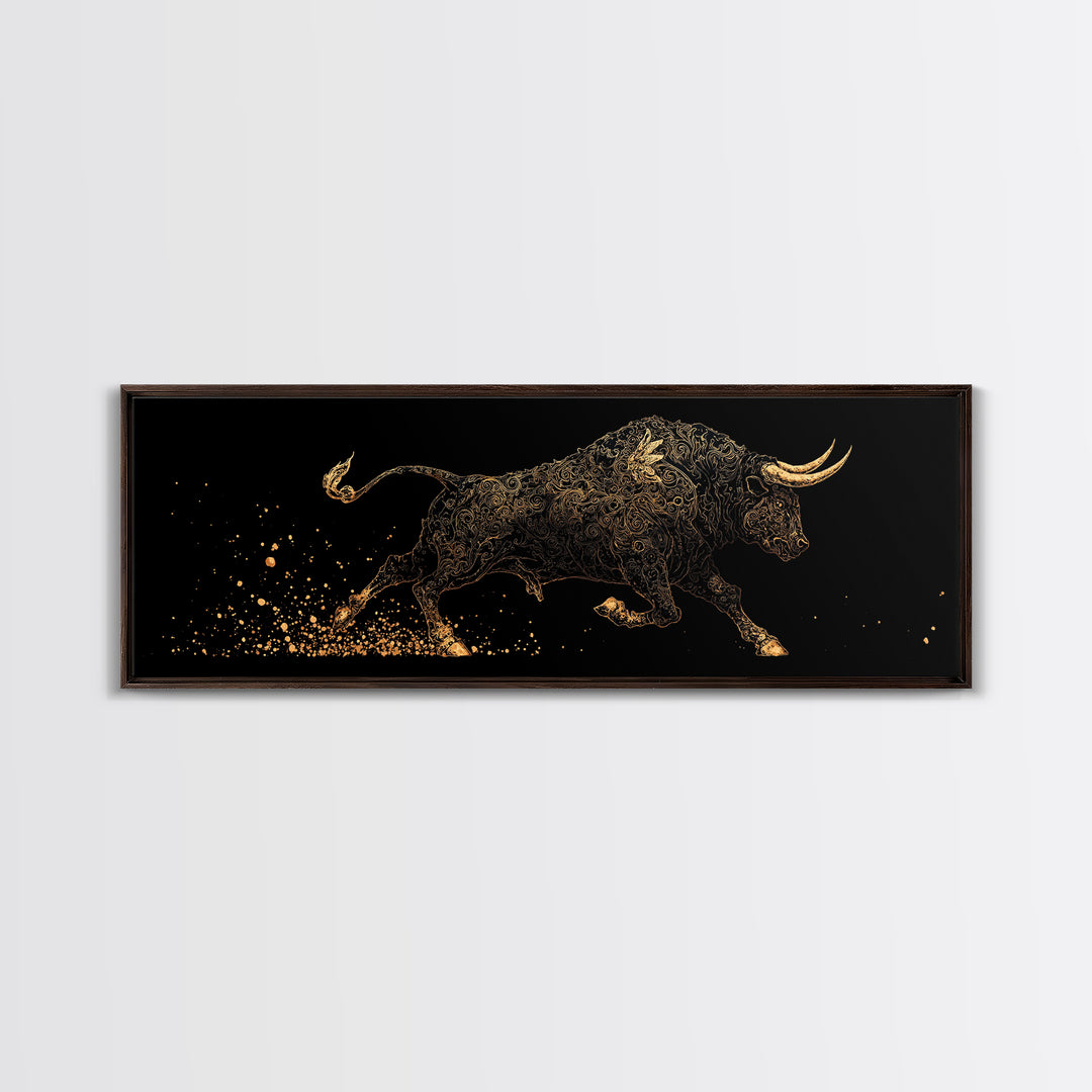 Ornamental Bull In Motion, Intricate Mythological Strength Symbol, Gold Canvas Print, Real Wood Frame Wall Art
