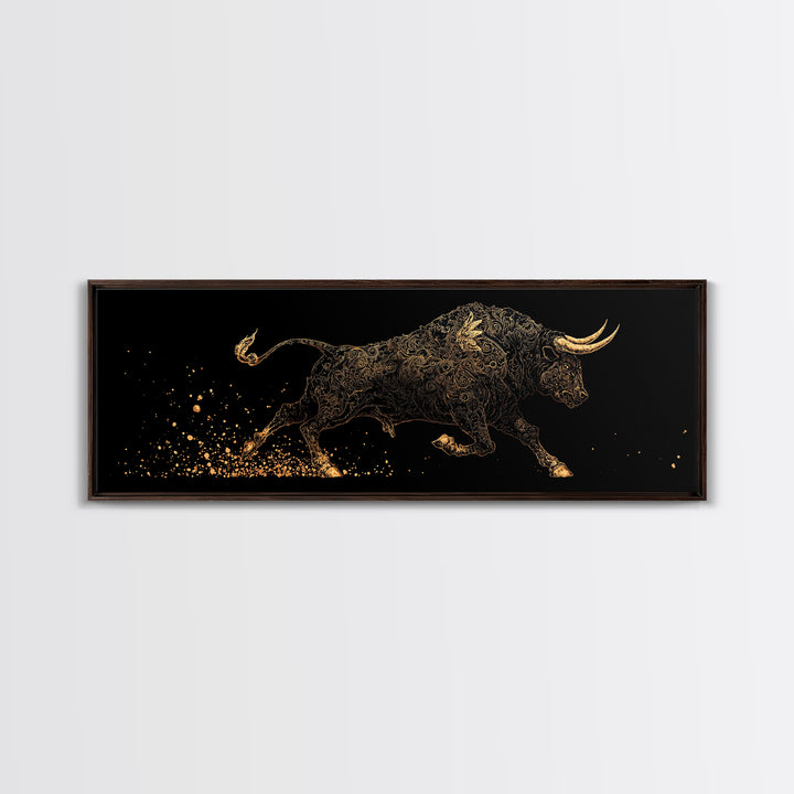 Ornamental Bull In Motion, Intricate Mythological Strength Symbol, Gold Canvas Print, Real Wood Frame Wall Art
