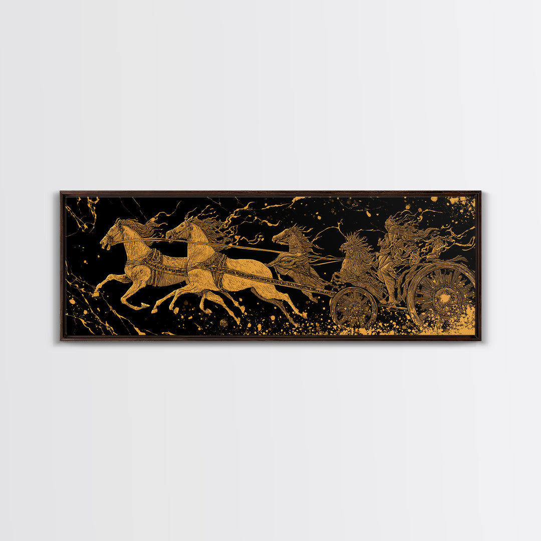 Ancient Chariot Battle Scene, Mythical Horses And Warrior Artwork, Gold Canvas Print, Real Wood Frame Wall Decor