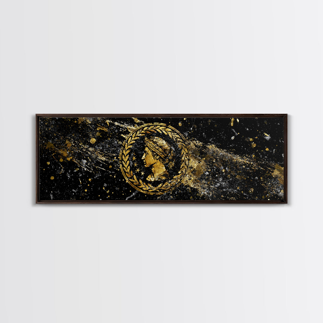 Roman Coin Inspired Portrait, Classical Ancient Empire Wall Artwork, Gold Canvas Print, Real Wood Frame Art
