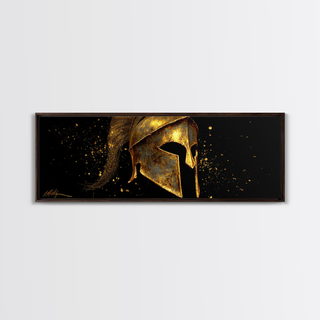 Spartan Warrior Helmet, Ancient Greek Armor Mythological Artwork, Gold Canvas Print, Real Wood Frame Wall Art