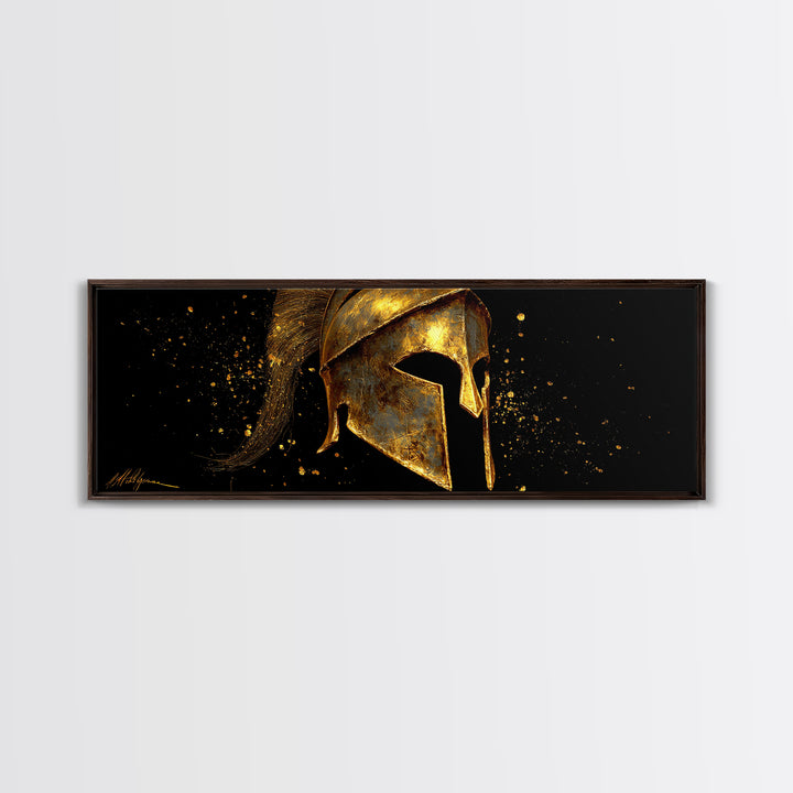 Spartan Warrior Helmet, Ancient Greek Armor Mythological Artwork, Gold Canvas Print, Real Wood Frame Wall Art