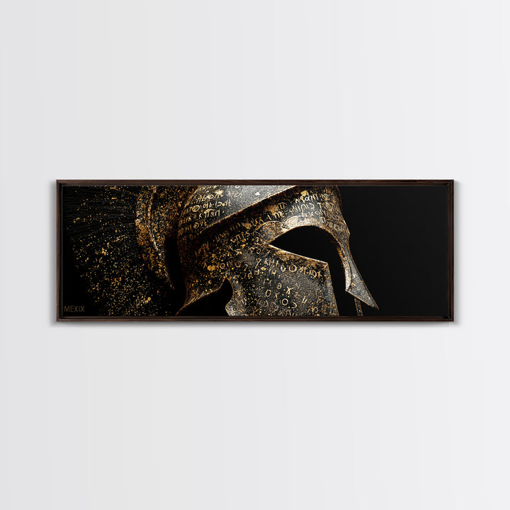 Spartan Helmet Close Up, Ancient Greek Warrior Armor Wall Decor, Gold Canvas Print, Real Wood Frame