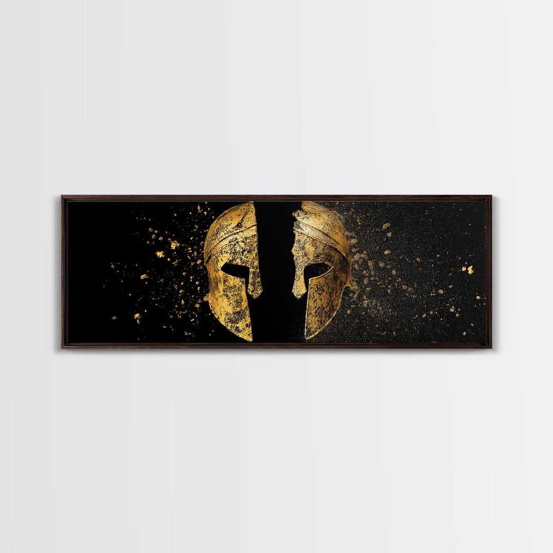 Ancient Spartan Helmet Split Design, Warrior Armor Mythology Artwork, Gold Canvas Print, Real Wood Frame Wall Decor