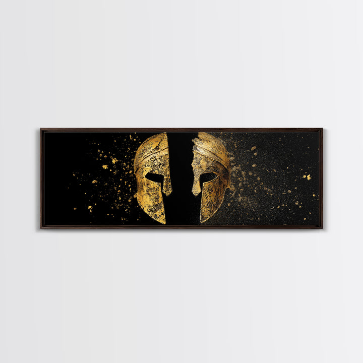 Ancient Spartan Helmet Split Design, Warrior Armor Mythology Artwork, Gold Canvas Print, Real Wood Frame Wall Decor