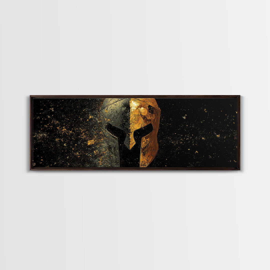 Half Face Spartan Helmet, Ornate Warrior Armor Greek Mythology Artwork, Gold Canvas Print, Real Wood Frame Wall Art