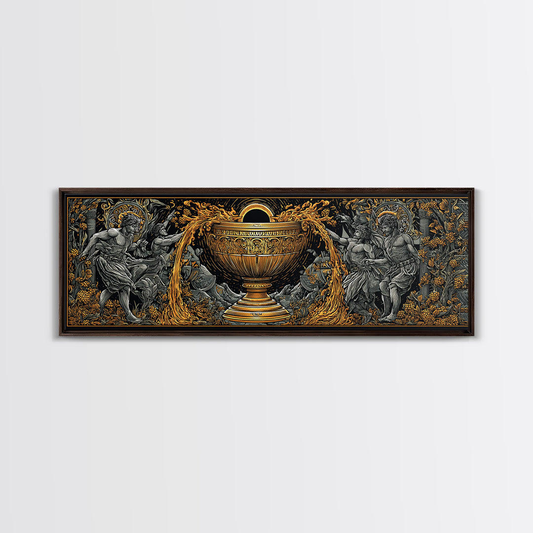 Ancient Chalice Of Gods, Mythological Cup With Figures And Flowing Design, Gold Canvas Print, Real Wood Frame Artwork