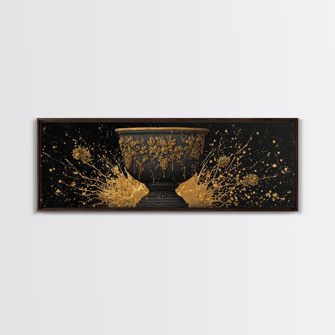 Grapevine Chalice Artwork, Classical Mythological Cup Decorative Wall Design, Gold Canvas Print, Real Wood Frame Wall Art