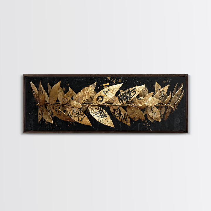 Laurel Wreath Crown, Ancient Greek Symbol Of Victory Decorative Wall Artwork, Gold Canvas Print, Real Wood Frame Decor