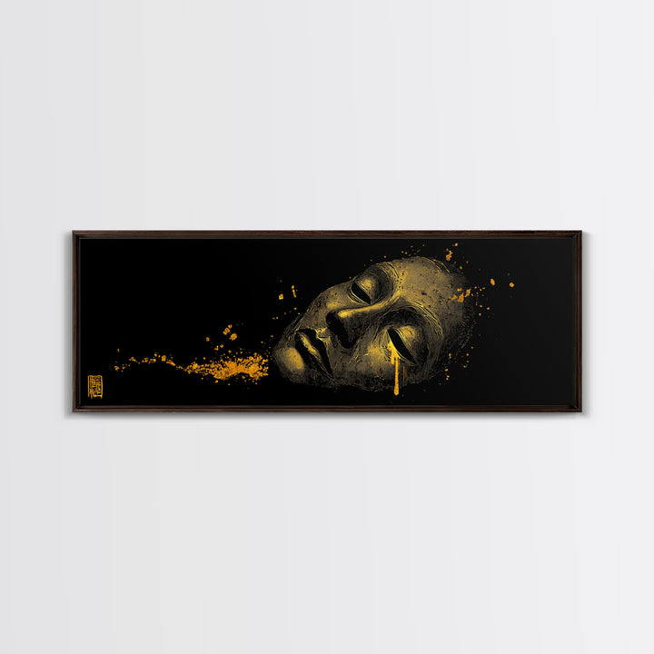 Crying Mask Artwork, Mythological Tragedy Symbol Dramatic Face Wall Design, Gold Canvas Print, Real Wood Frame Wall Art
