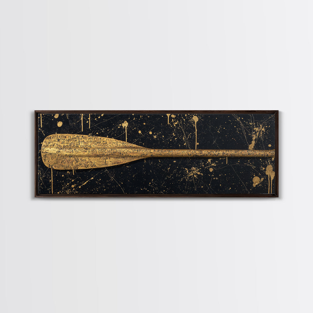 Ancient Oar Artwork, Mythological Paddle With Script Decorative Wall Design, Gold Canvas Print, Real Wood Frame Wall Art