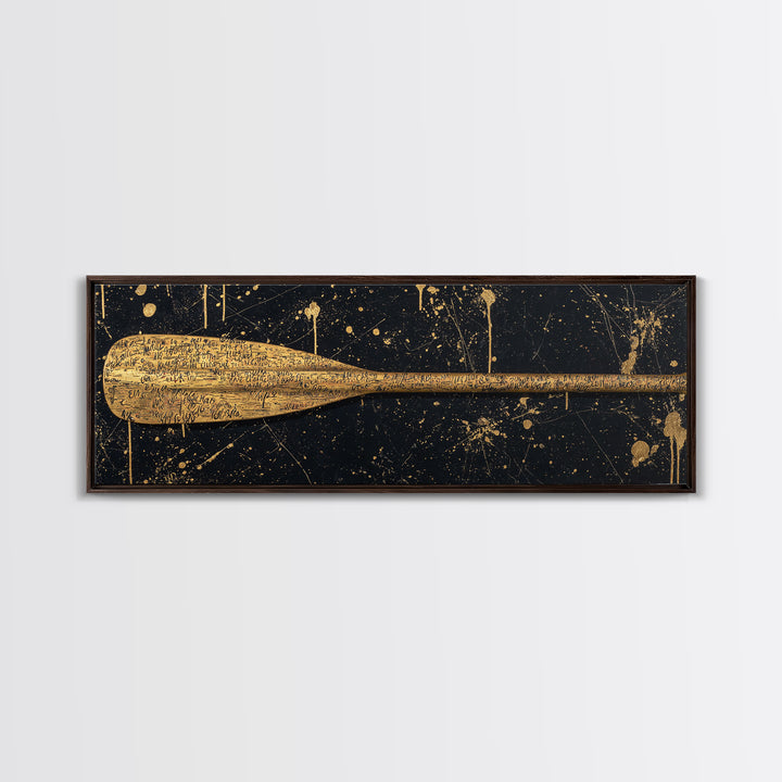 Ancient Oar Artwork, Mythological Paddle With Script Decorative Wall Design, Gold Canvas Print, Real Wood Frame Wall Art