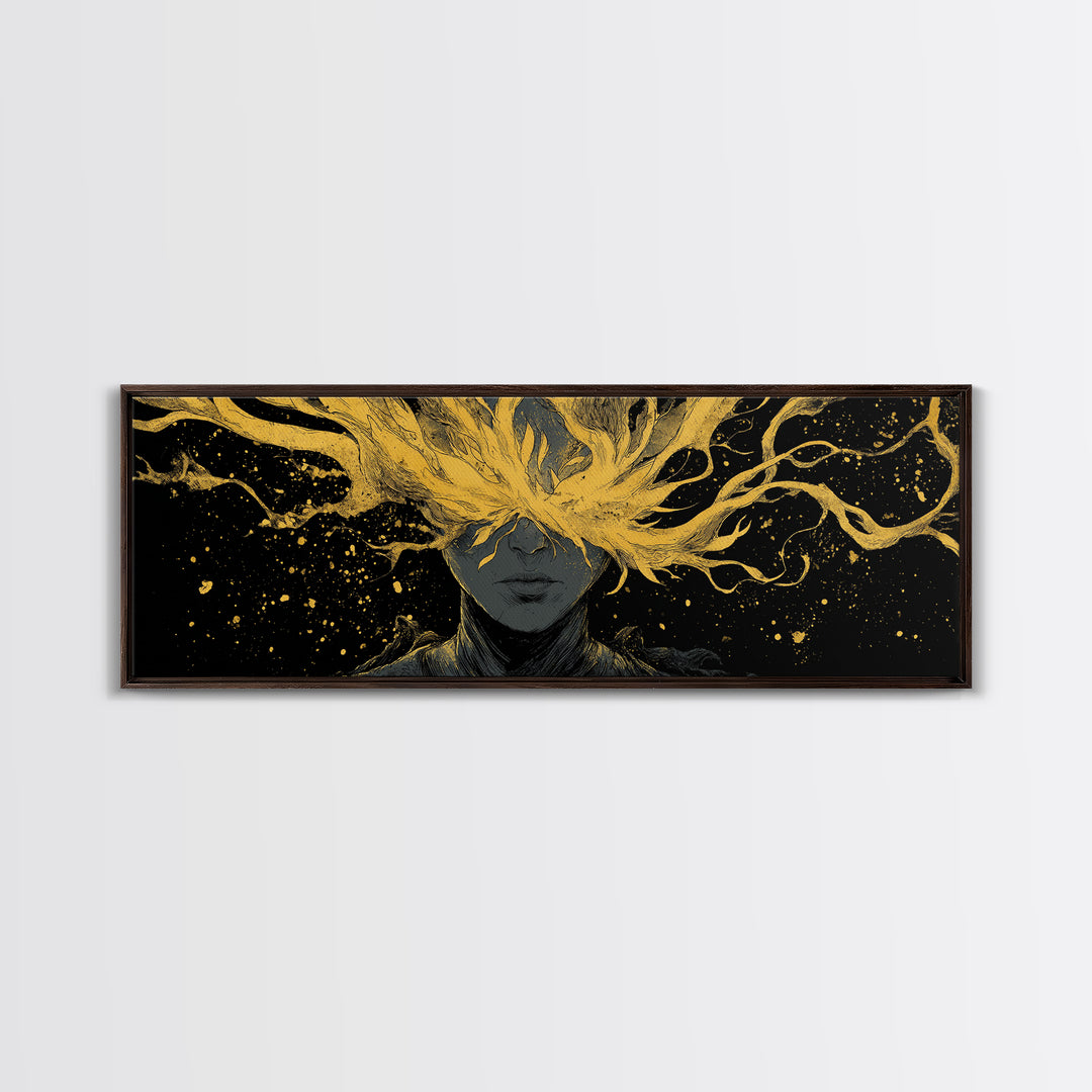 Blinded Mythological Figure, Flowing Fire Vision Symbolic Wall Artwork, Gold Canvas Print, Real Wood Frame Wall Decor