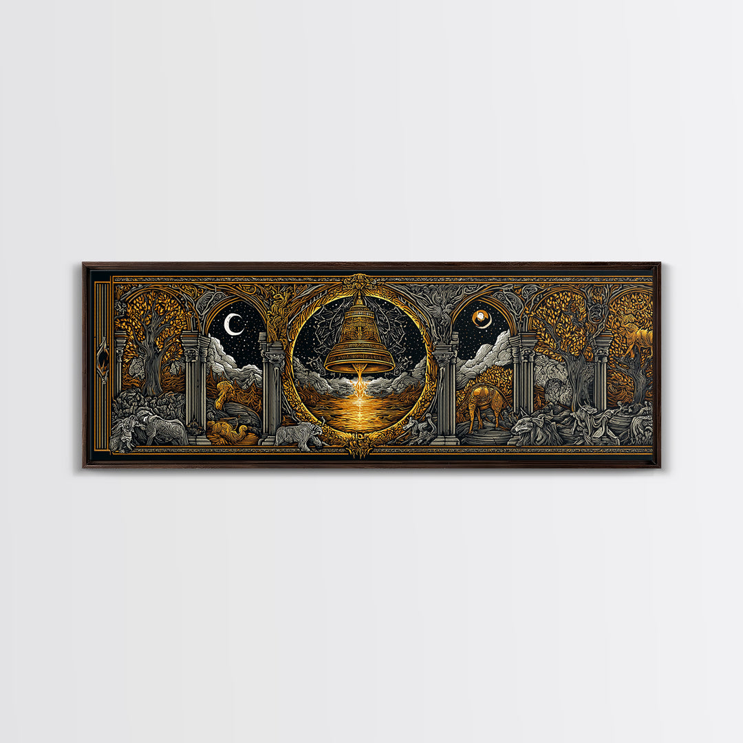 Mythological Temple Scene With Golden Bell, Classical Arches And Night Sky Artwork, Gold Canvas Print, Real Wood Frame