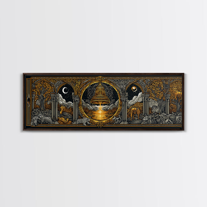 Mythological Temple Scene With Golden Bell, Classical Arches And Night Sky Artwork, Gold Canvas Print, Real Wood Frame