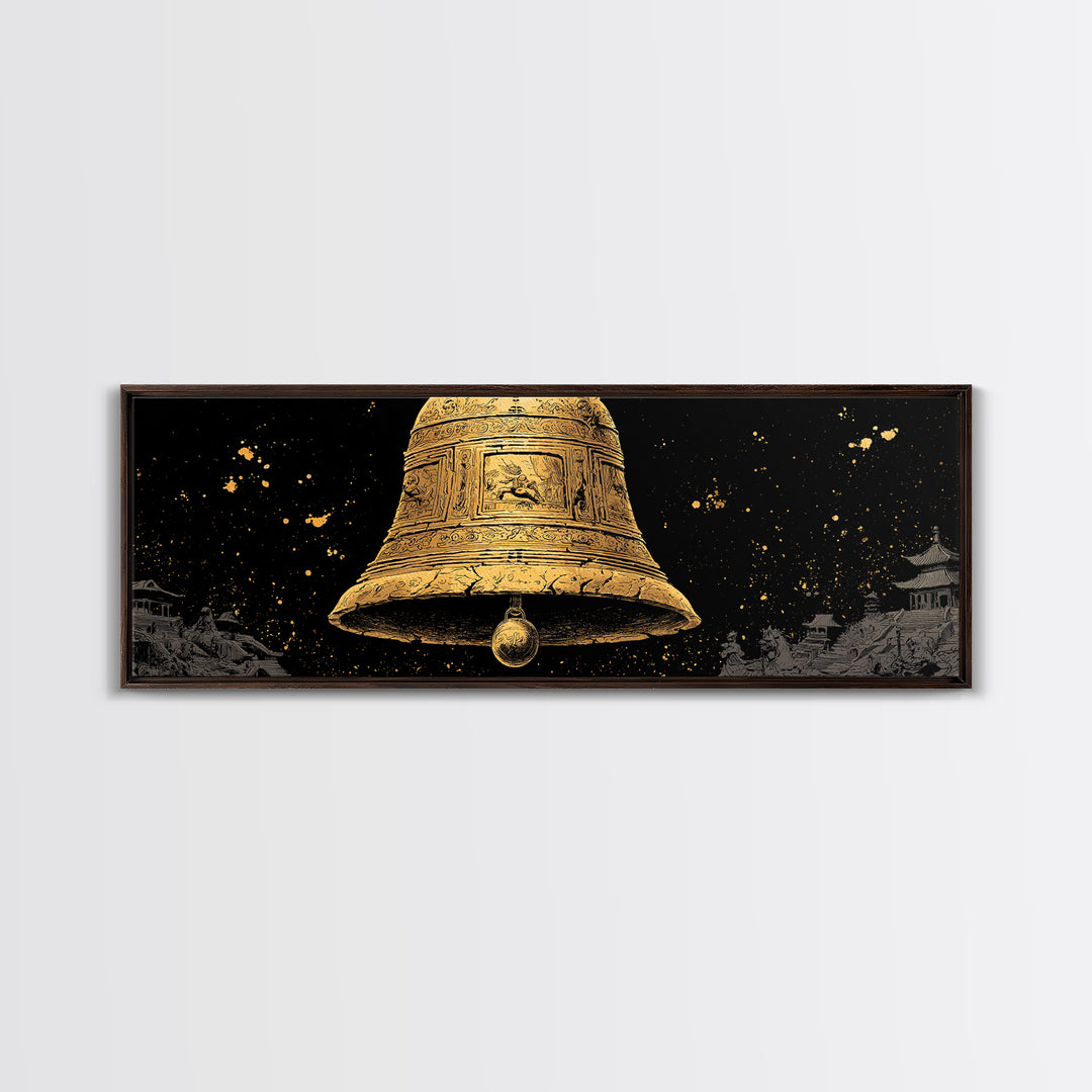 Ancient Golden Bell Artwork, Mythological Temple Scene Decorative Wall Art, Gold Canvas Print, Real Wood Frame Decor