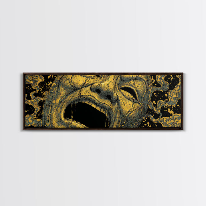 Screaming Tragedy Mask, Ancient Greek Mythological Theater Artwork, Gold Canvas Print, Real Wood Frame Wall Decor