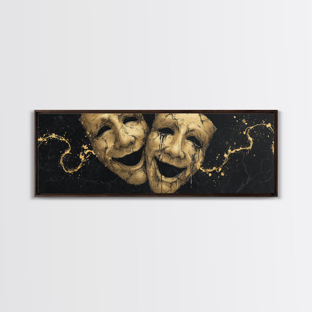 Comedy And Tragedy Masks, Ancient Greek Theater Symbolic Mythological Artwork, Gold Canvas Print, Real Wood Frame Wall Art
