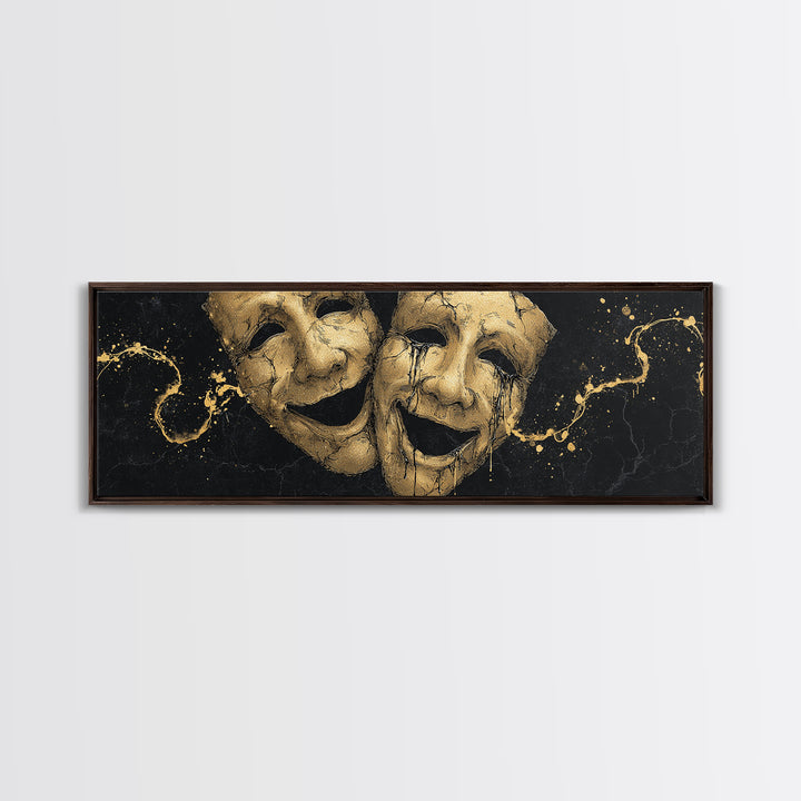 Comedy And Tragedy Masks, Ancient Greek Theater Symbolic Mythological Artwork, Gold Canvas Print, Real Wood Frame Wall Art