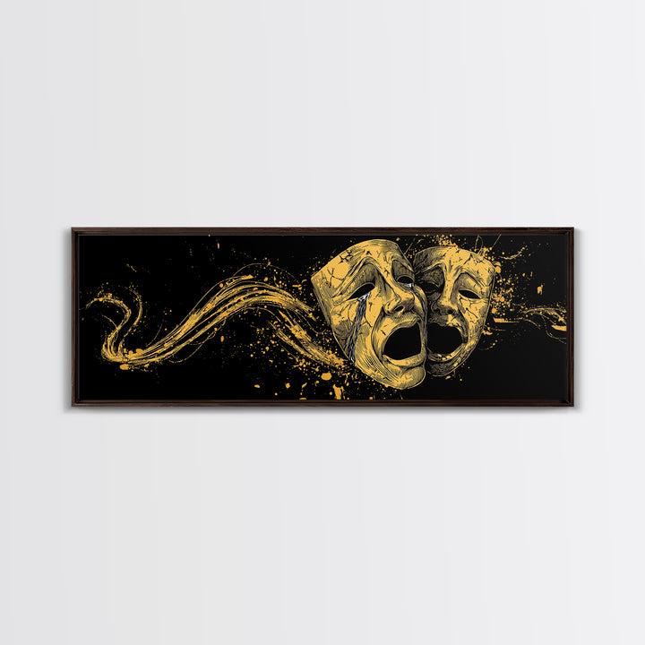 Paired Tragic Masks, Mythological Theater Symbol Decorative Wall Artwork, Gold Canvas Print, Real Wood Frame Wall Decor