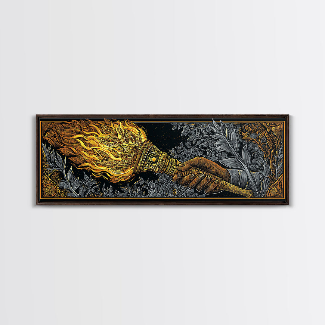 Ancient Torch Of Flames, Mythological Fire Symbol Decorative Wall Artwork, Gold Canvas Print, Real Wood Frame Wall Decor