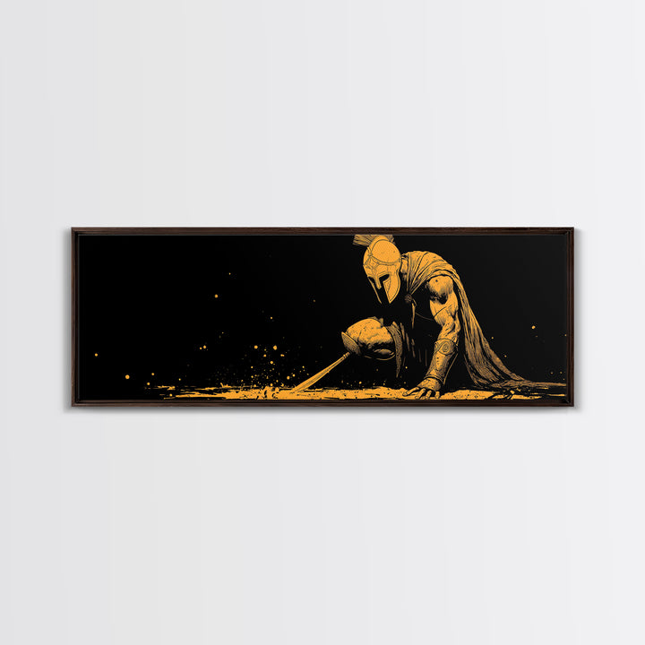 Greek Warrior Kneeling, Ancient Mythological Spartan Soldier With Spear Artwork, Gold Canvas Print, Real Wood Frame Decor