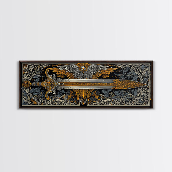 Sword With Wings, Mythological Weapon And Guardian Bird Decorative Wall Artwork, Gold Canvas Print, Real Wood Frame Art