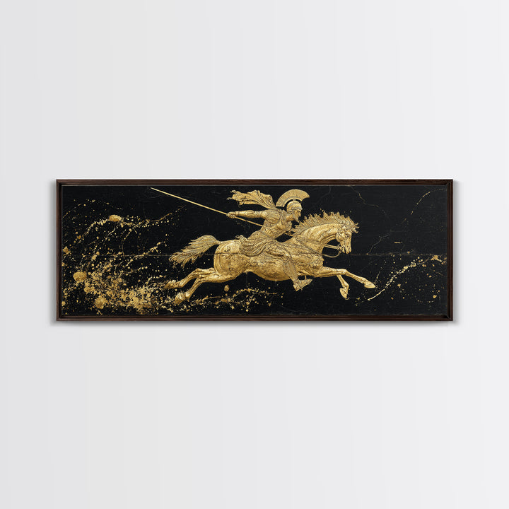 Spartan Warrior On Horse, Ancient Greek Mythological Rider With Spear Artwork, Gold Canvas Print, Real Wood Frame Wall Decor