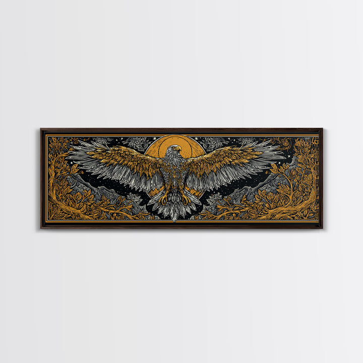 Majestic Golden Eagle Rising, Mythical Bird Of Power Wall Decor, Gold Canvas Print, Real Wood Framed Art