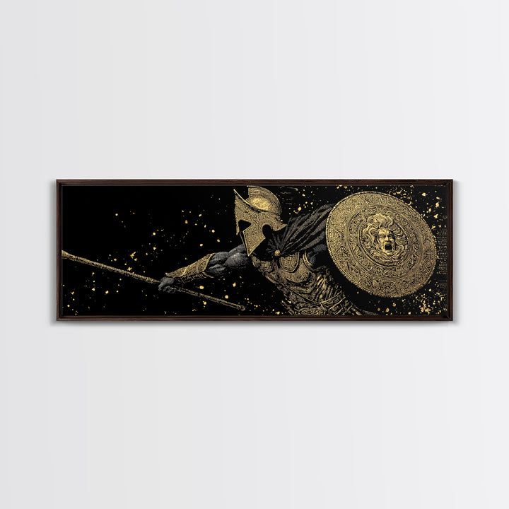 Heroic Warrior With Shield, Ancient Greek Spartan Mythological Battle Artwork, Gold Canvas Print, Real Wood Frame Wall Decor