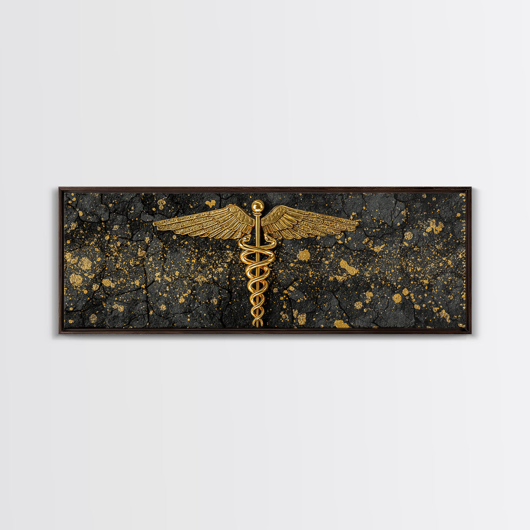 Caduceus Symbol Artwork, Ancient Mythological Medicine Emblem Decorative Wall Art, Gold Canvas Print, Real Wood Frame