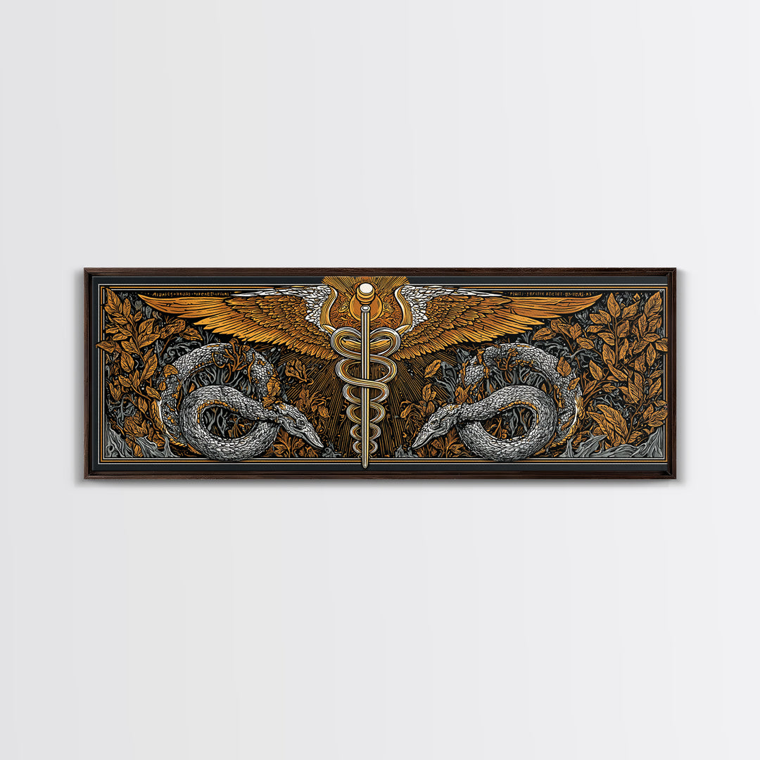 Caduceus With Serpents, Mythological Healing Symbol Decorative Wall Artwork, Gold Canvas Print, Real Wood Frame Decor