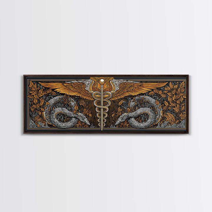 Caduceus With Serpents, Mythological Healing Symbol Decorative Wall Artwork, Gold Canvas Print, Real Wood Frame Decor