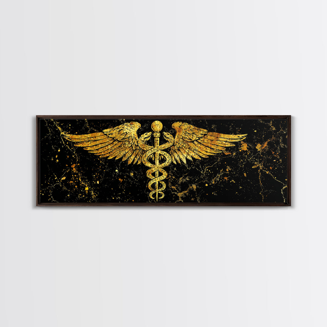 Ancient Caduceus Symbol, Winged Serpent Staff Mythological Artwork, Gold Canvas Print, Real Wood Frame Wall Decor