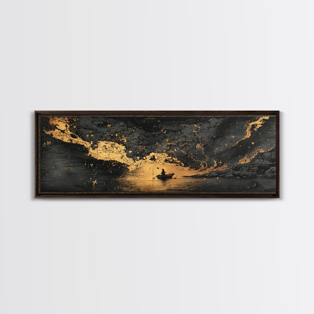 Celestial Map Artwork, Mythological Constellation And Ancient Sky Design, Gold Canvas Print, Real Wood Frame Wall Decor