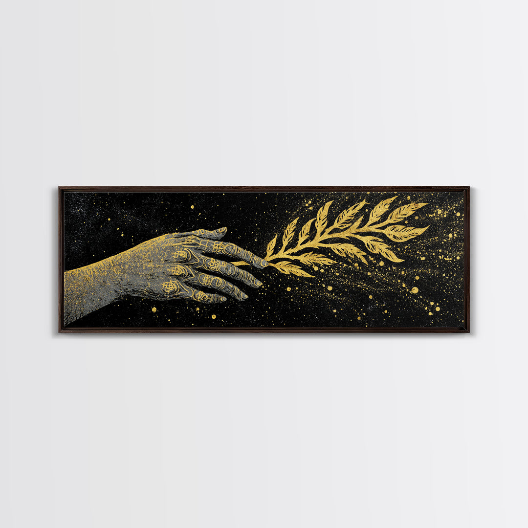 Hand With Olive Branch, Mythological Symbol Of Peace Decorative Wall Artwork, Gold Canvas Print, Real Wood Frame Wall Art