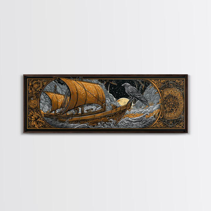 Ancient Sailing Ship, Mythological Vessel With Raven Decorative Wall Artwork, Gold Canvas Print, Real Wood Frame Wall Decor