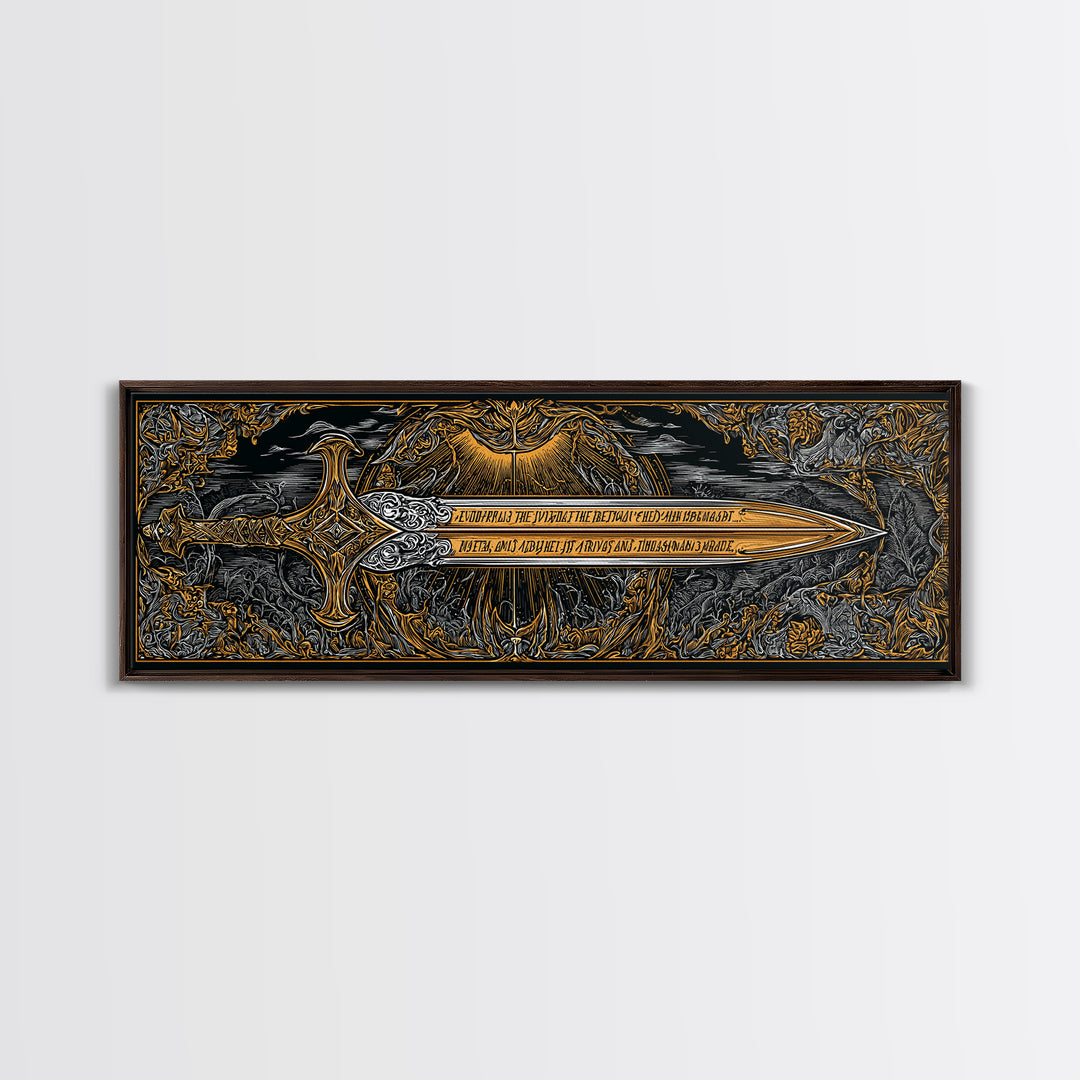 Ornate Mythological Sword, Decorative Ancient Weapon Symbolic Wall Artwork, Gold Canvas Print, Real Wood Frame Wall Decor