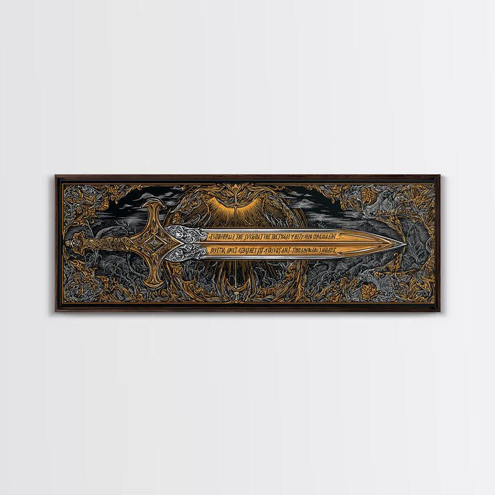 Ornate Mythological Sword, Decorative Ancient Weapon Symbolic Wall Artwork, Gold Canvas Print, Real Wood Frame Wall Decor