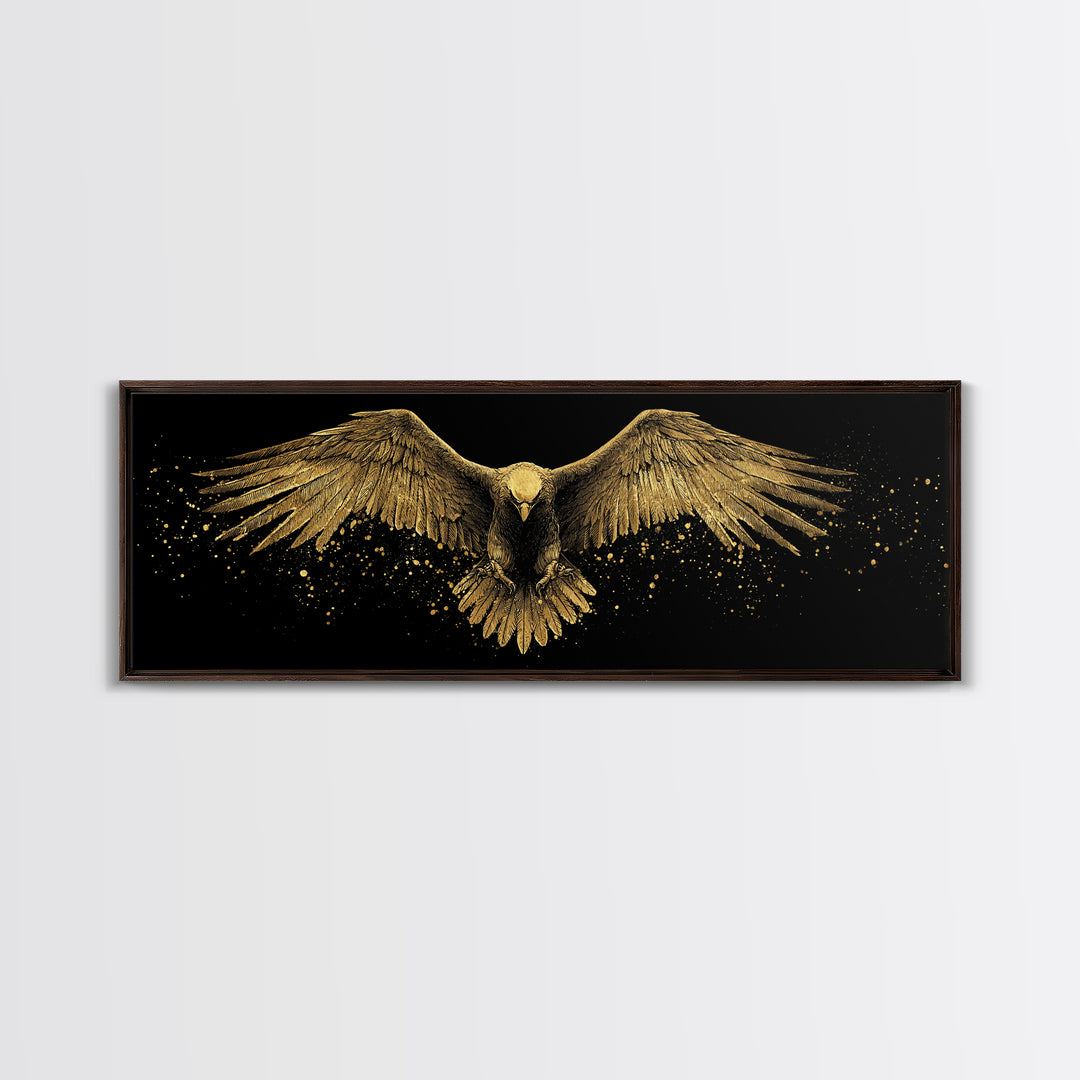 Golden Eagle In Flight, Regal Mythological Bird Wall Decor, Gold Canvas Print, Real Wood Frame Art