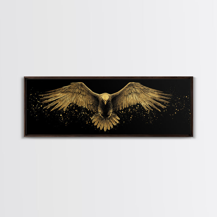 Golden Eagle In Flight, Regal Mythological Bird Wall Decor, Gold Canvas Print, Real Wood Frame Art