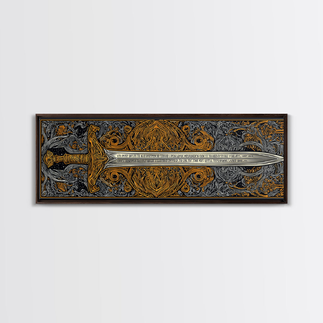Epic Ancient Sword, Mythological Weapon Of Power Decorative Wall Artwork, Gold Canvas Print, Real Wood Frame Wall Decor