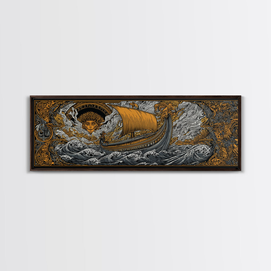 Mythological Sun Face And Ancient Ship, Epic Sea Voyage Decorative Wall Artwork, Gold Canvas Print, Real Wood Frame Decor